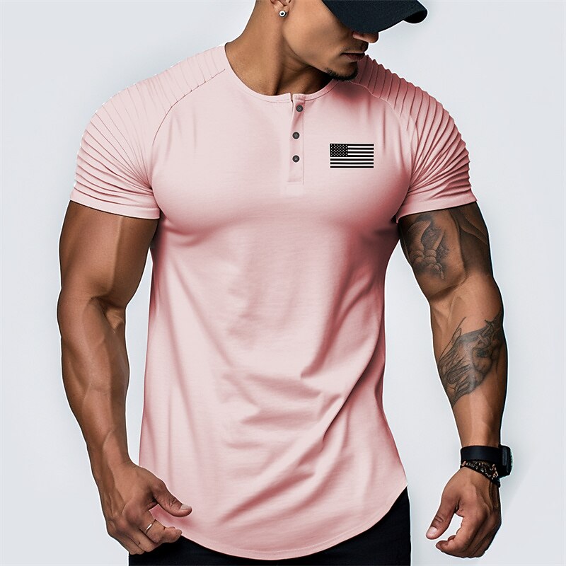 Men's Graphic National Flag Henley Shirt Raglan T Shirt Short Sleeve Fashion Daily Casual Sports Outdoor Holiday Going out Spring & Summer White Pink Sky Blue Henley Henley T-Shirt2