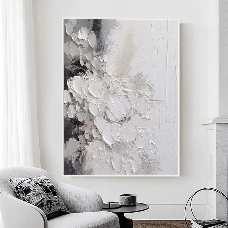 Gray and White Abstract Art Handmade Oil Painting on Canvas Wabi Sabi Wall Art Gray Minimalist Painting 3D Textured Acrylic Painting Home Wall Decor3