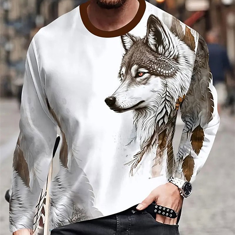 Men's Graphic Animal Wolf T Shirt Long Sleeve T shirt 3D Print Crew Neck Shirt Fashion Designer Casual Sports Outdoor Holiday Going out Burgundy Blue Brown Spring &  Fall Clothing Apparel S M L XL