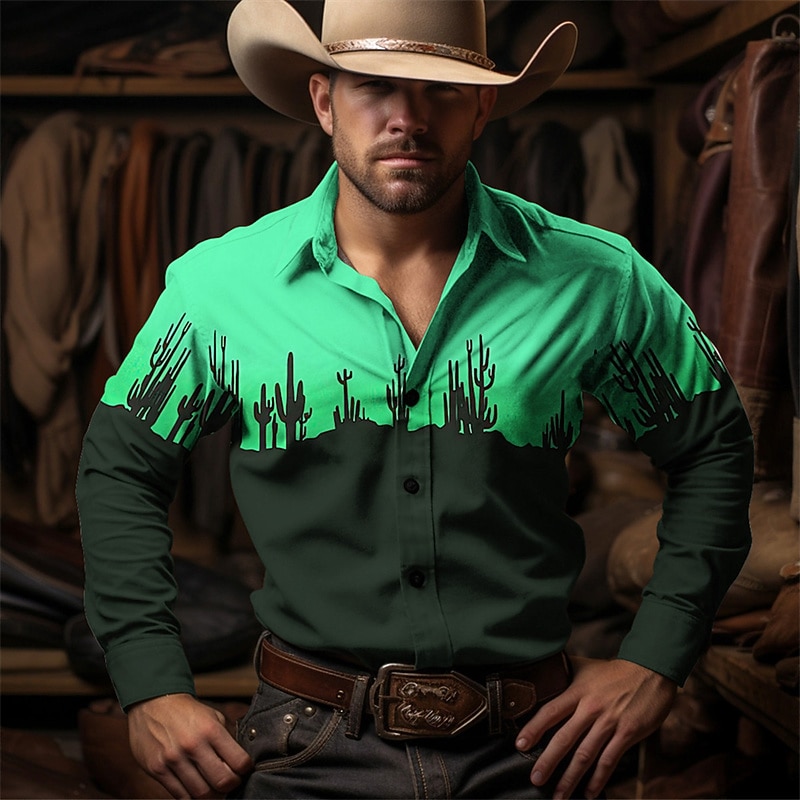Men's Cowboy Western Shirt Button Up Shirt Cowboy Shirt Long Sleeve Vintage Western Style Casual Daily Spring Fall & Winter Turndown Collared Shirts 3D Print Front Pocket Yellow Green khaki2