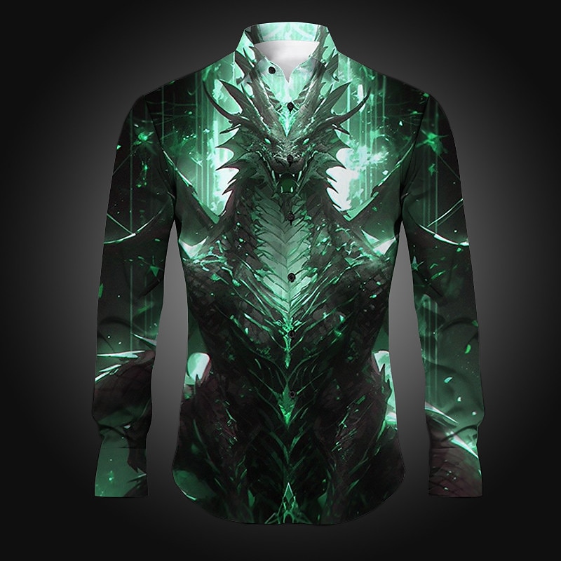 Men's Dragon Shirt Button Up Shirt Long Sleeve Artistic Abstract Daily Wear Going out Spring Turndown Print Button-Down Red Blue Dark Green Purple Gold2