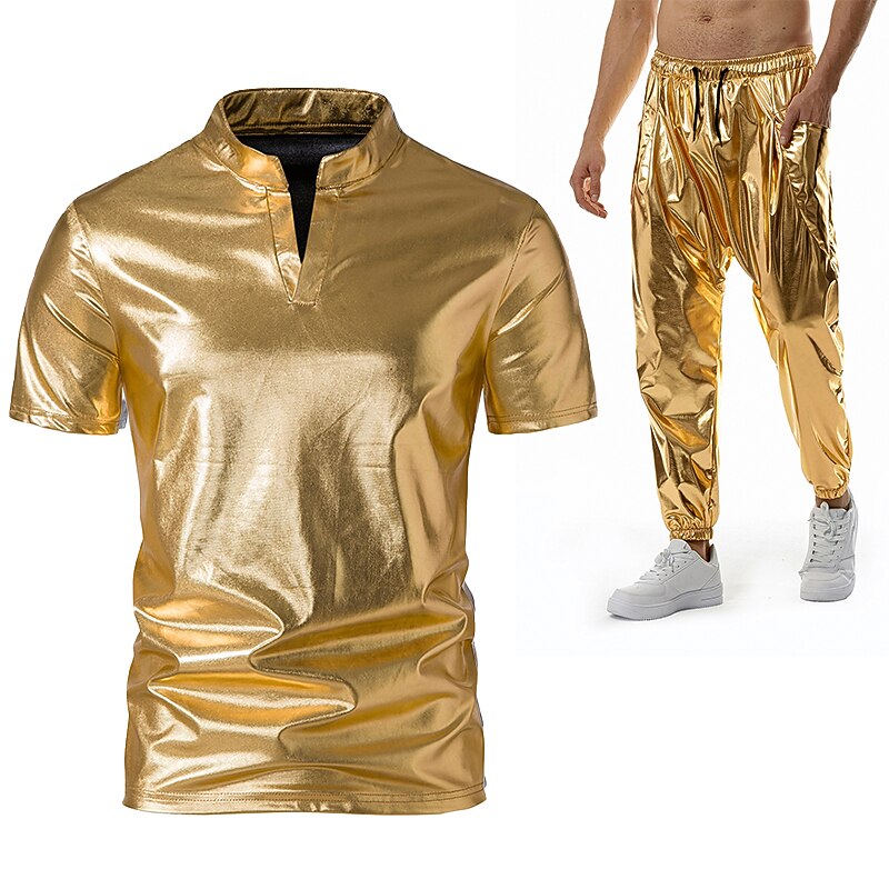 Set With Shiny Metallic T-shirt Jogger Pants 2 PCS Outfits Men's Disco 1980s Workout Cosplay Costume Masquerade Carnival Party Club