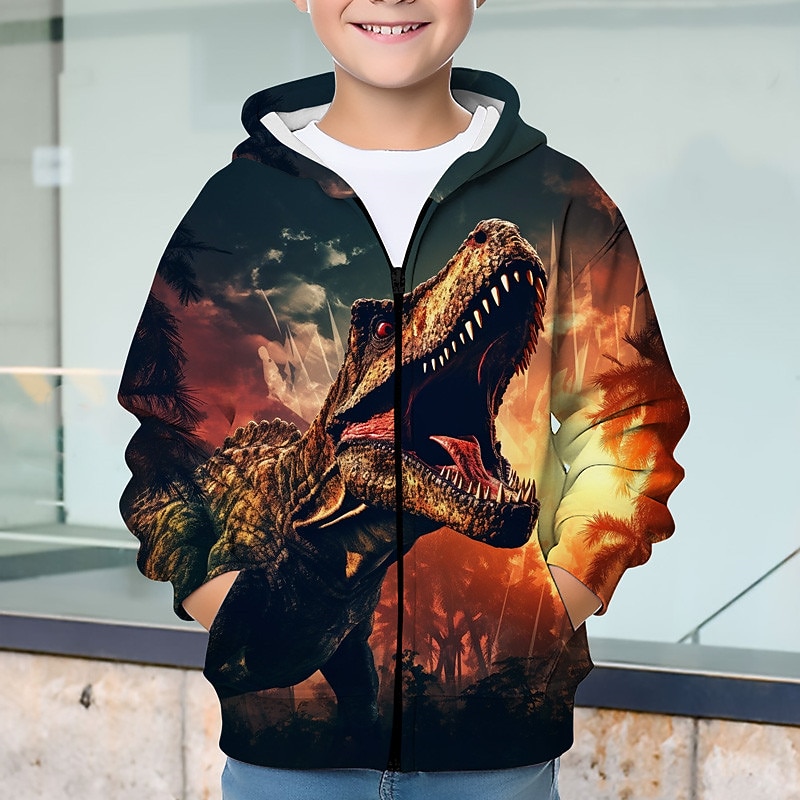 Boys 3D Dinosaur Hoodie Coat Outerwear Long Sleeve Fall Winter Active Streetwear Cool Kids 3-12 Years Zip Street Daily Regular Fit
