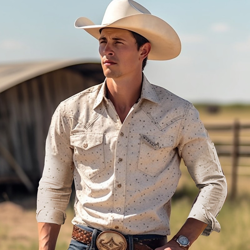 Men's Cowboy Western Shirt Button Up Shirt Cowboy Shirt Long Sleeve Vintage Sports Fashion Daily Summer Spring Turndown Collared Shirts 3D Print Front Pocket White2