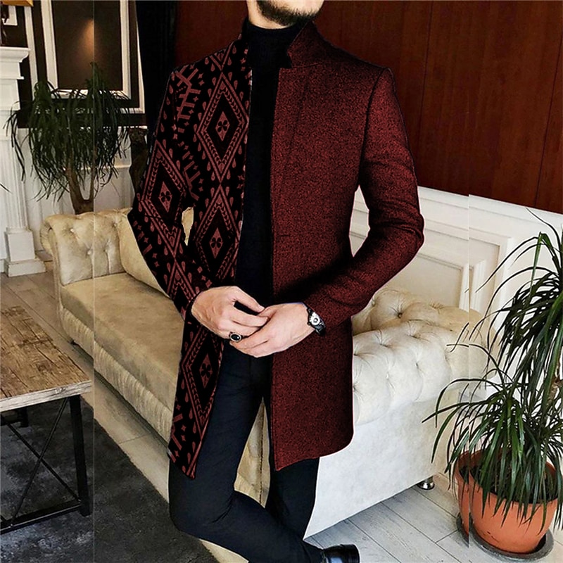 Men's Geometry Winter Coat Overcoat Coat Warm Comfortable Breathable Vintage Business Work Wear to work Going out Pocket Print Fall & Winter Stand Collar Long Sleeve Black Red Blue3