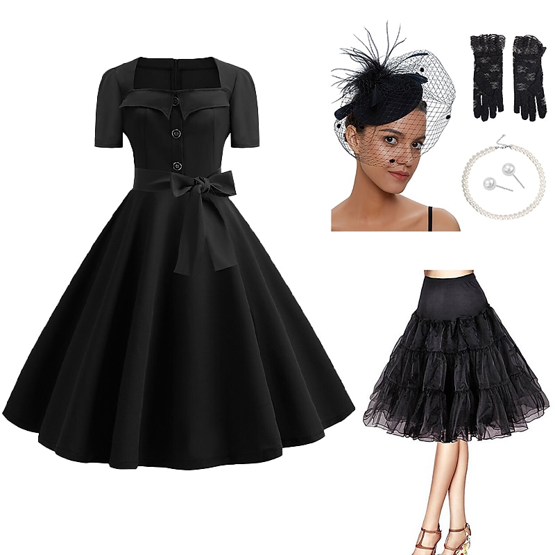 Set with A-Line Dress Petticoat Under Skirt Fascinator Hat Lace Gloves Earings Necklace Women's Polka Dots 1950s Cocktail Dress Vintage Party Costume Flare Dress Tea Party Outfits