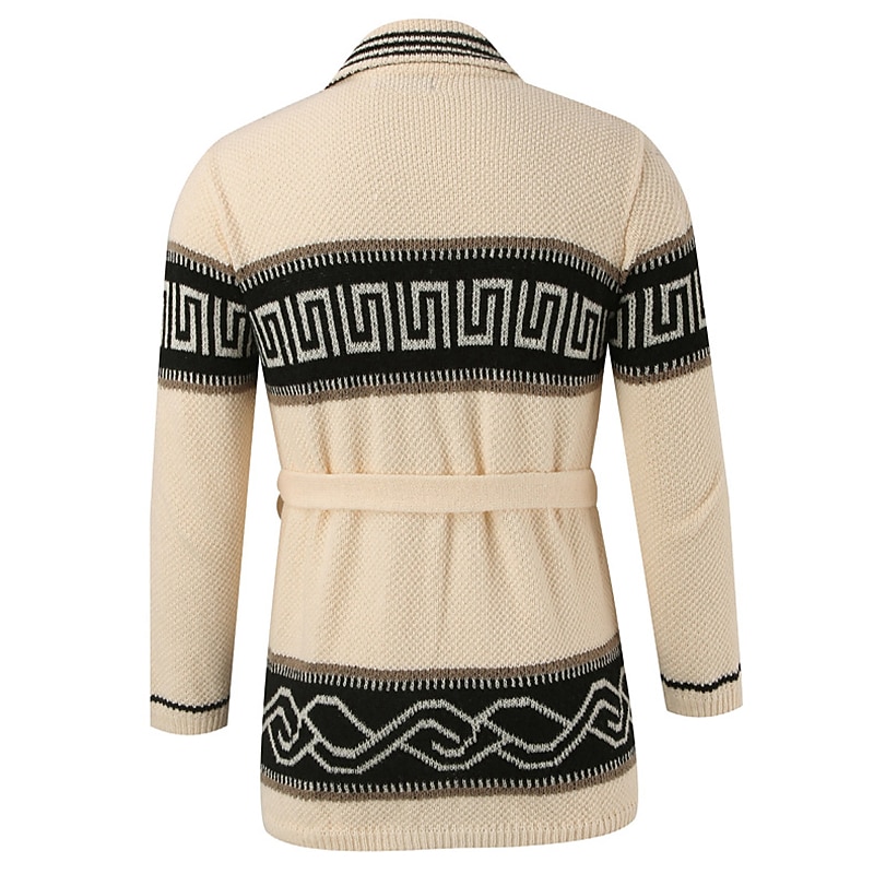 Men's Cardigan Sweater Knit Sweater Ribbed Knit Regular Cropped Knitted Geometric Shawl Collar Warm Ups Modern Contemporary Daily Wear Going out Clothing Apparel Winter Beige M L XL4