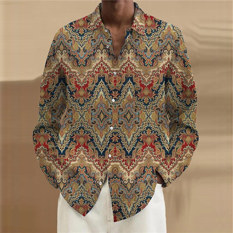 Men's Geometric Pattern Ethnic Shirt Button Up Shirt Long Sleeve Vintage Tribal Daily Wear Going out Fall & Winter Turndown Print Button-Down Blue Brown2