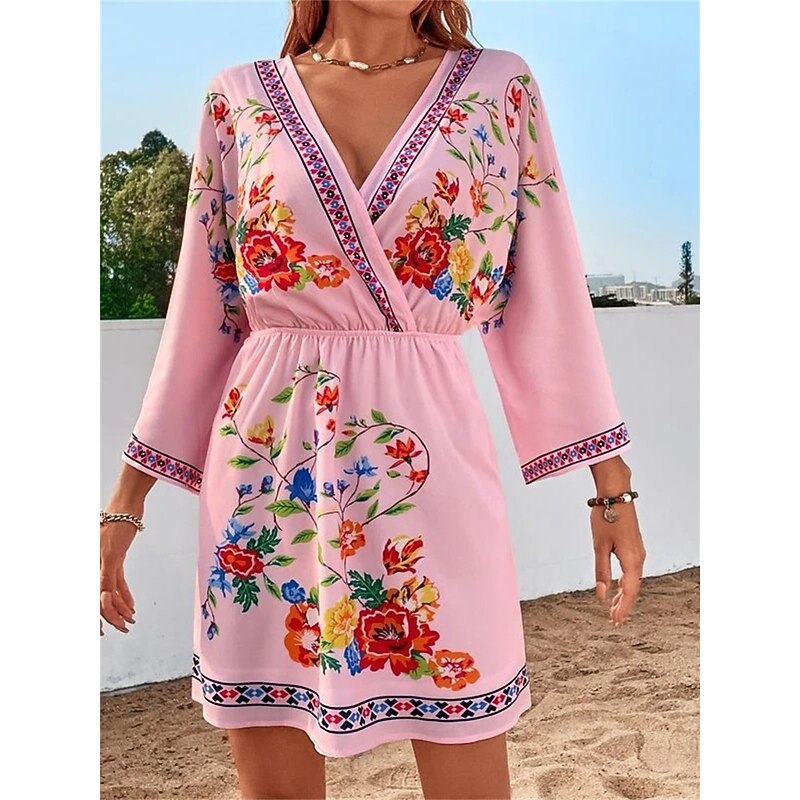 Women's Casual Dress Floral Print V Neck Mini Dress Ethnic Boho Vacation 3/4 Length Sleeve Summer Spring 11