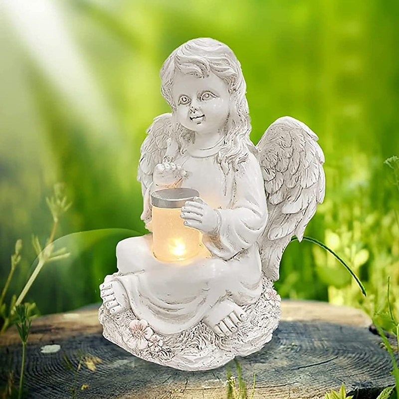 Garden Angel Statyes, Angel Fairy Statuette with Solar Light, Garden Resin Angel Figurines Ornament Angel Decoration for Lawn Cemetery Memorial Gifts, Guardian Angel Garden Statuette-Girl3