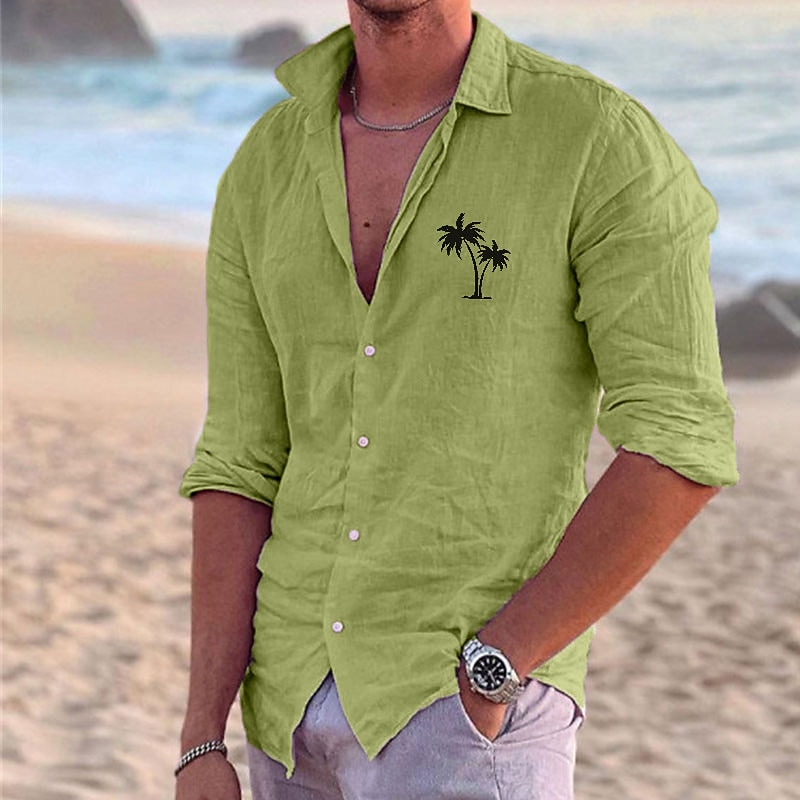 Men's Shirt Linen Shirt Beach Shirt Coconut Tree Outdoor Vacation White Pink Blue Green Long Sleeve Turndown Summer Spring Clothing Apparel Print