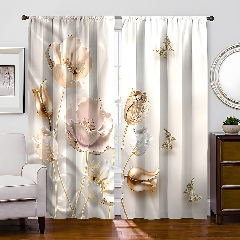 2 Panels Golden Roses Curtain Drapes Blackout Curtain For Living Room Bedroom Kitchen Window Treatments Thermal Insulated Room Darkening