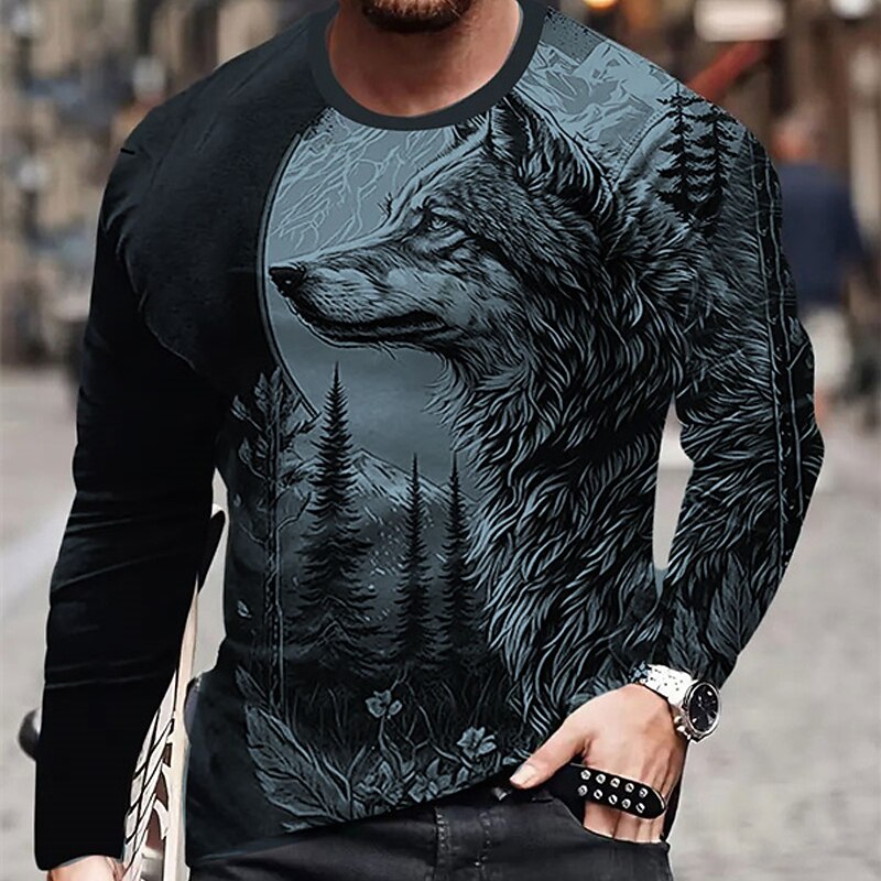 Men's Graphic Animal Wolf T Shirt Long Sleeve T shirt 3D Print Crew Neck Shirt Fashion Designer Casual Sports Outdoor Holiday Going out Blue Purple Brown Spring &  Fall Clothing Apparel S M L XL 2XL2