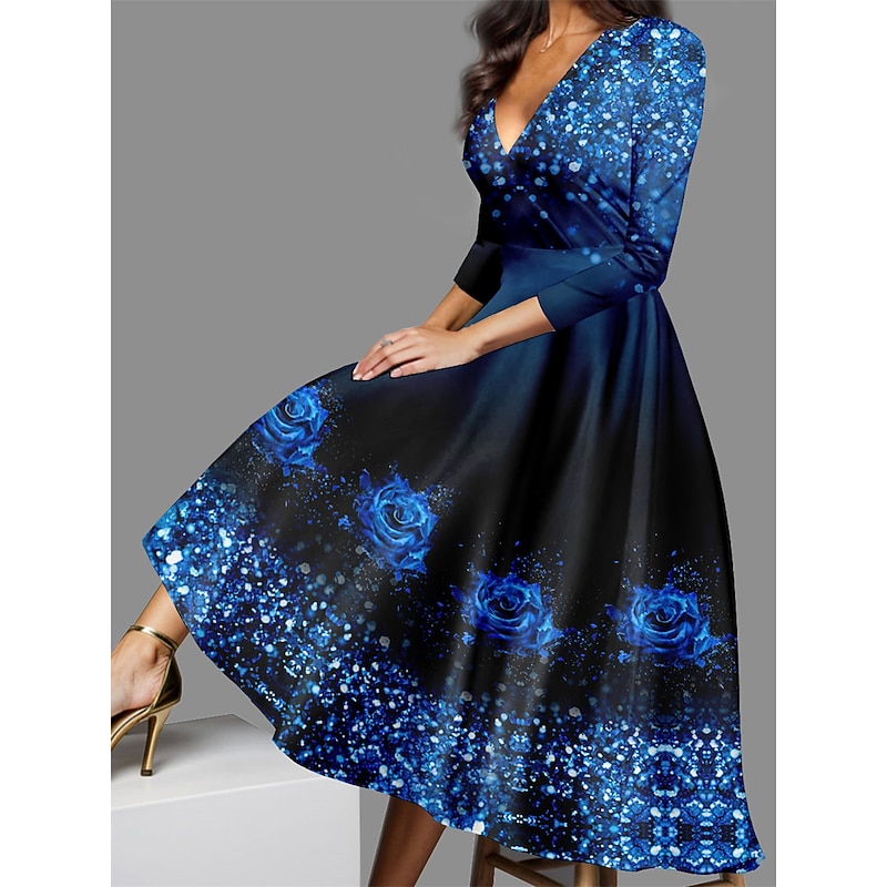 Valentine's Day Women's Midi Dress Casual Dress Winter Dress Swing Dress Semi Formal Dress Streetwear A Line Formal Vacation Party Regular Fit Floral 3/4 Length Sleeve V Neck Yellow Red Blue Purple3
