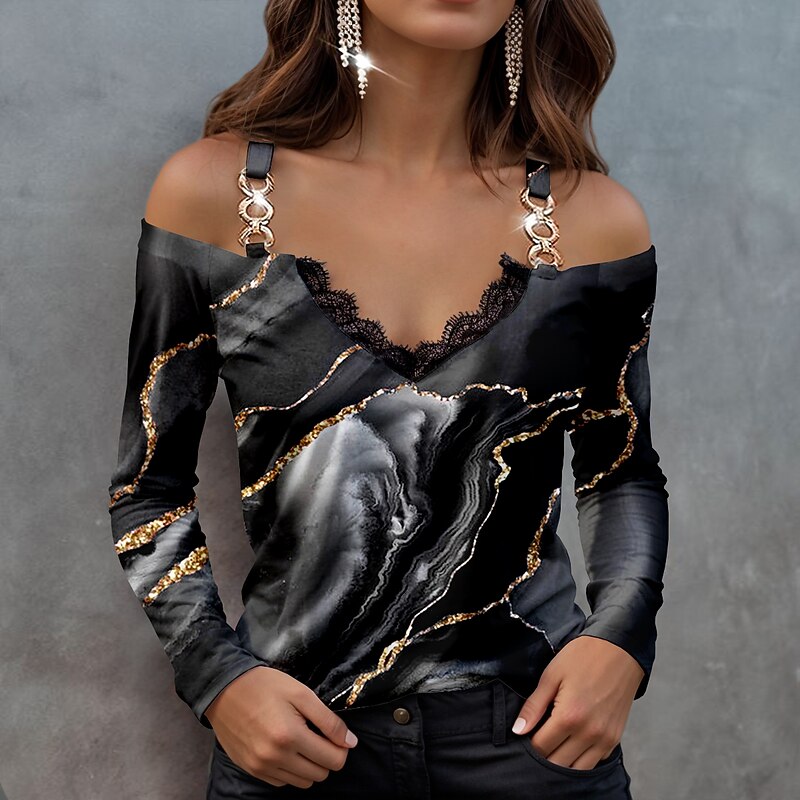 Women's Blouse Long Sleeve  V Neck Fashion Abstract Print Cold Shoulder Regular Tops  Casual Red Blue Green Spring &  Fall4