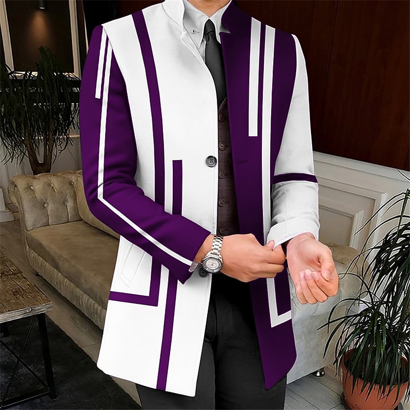 Men's Stripe Geometry Winter Coat Overcoat Coat Warm Comfortable Breathable Business Work Wear to work Going out Pocket Print Fall & Winter Stand Collar Long Sleeve White Yellow Red3