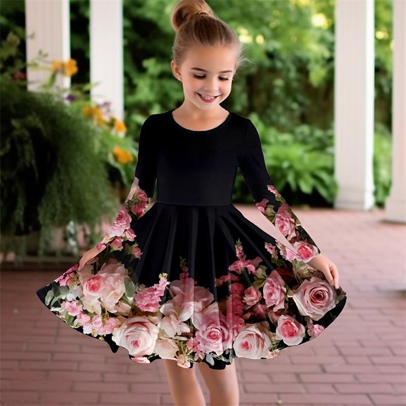 Easter Girls' 3D Floral Dress Long Sleeve 3D Print Spring Fall Vacation Sports & Outdoor Daily Cute Casual Beautiful Kids 3-12 Years Casual Dress A Line Dress Above Knee Regular Fit3