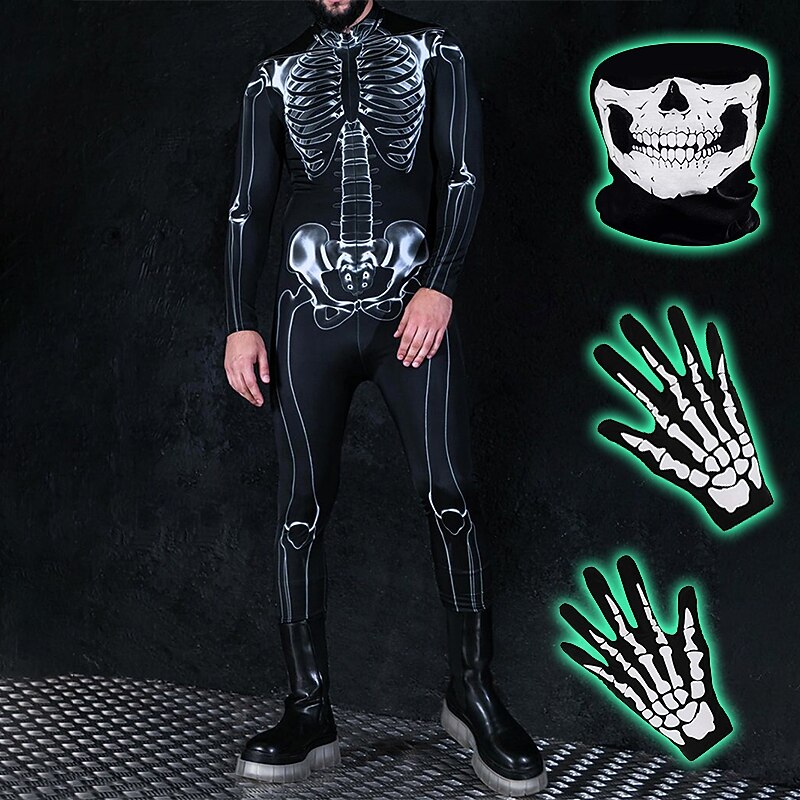 Skull Skeleton Cosplay Costume Gloves Mask Men's Women's Movie Cosplay Scary Costume Black Purple Green Leotard / Onesie Halloween Carnival Masquerade Polyester3