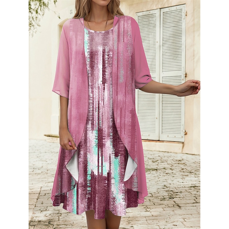 Women's Graduation Dress Midi Dress Two Piece Dress Set Casual Dress Chiffon Dress Print Dress Fashion Modern Print Print Half Sleeve Crew Neck Outdoor Holiday Pink Blue Purple Spring Loose Fit4