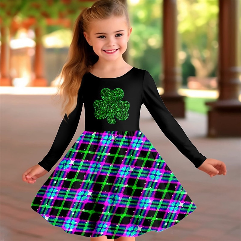 St. Patrick Girls' 3D Dress Long Sleeve 3D Print Spring Fall Sports & Outdoor Daily Holiday Cute Casual Beautiful Kids 3-12 Years Casual Dress A Line Dress Above Knee Polyester Regular Fit