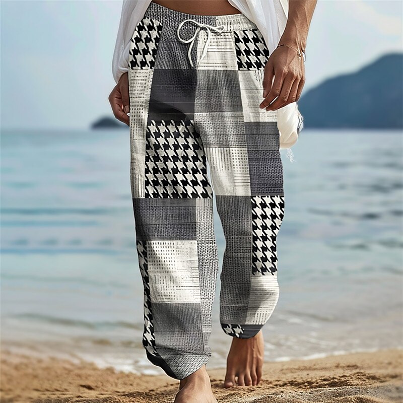 Houndstooth Casual Men's 3D Print Pants Trousers Outdoor Daily Wear Streetwear Polyester Blue Green Khaki S M L Medium Waist Elasticity Pants3