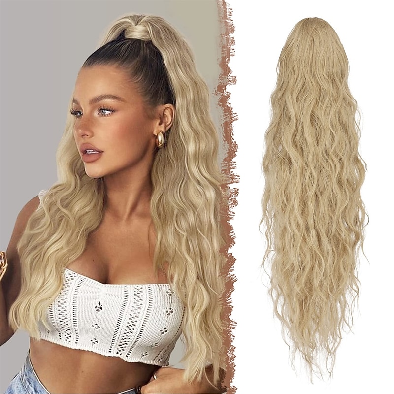 Long Curly Wavy Drawstring Ponytail Extensions Clip in Wavy Synthetic Hairpieces Drawstring Ponytails Hair Piece Pony Tail Extension for Women Ash Blonde 26 inch