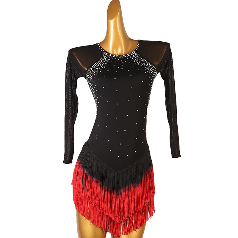 Figure Skating Dress Women's Girls' Ice Skating Dress Black Tassel Open Back Mesh High Elasticity Training Competition Skating Wear Classic Long Sleeve Ice Skating Figure Skating