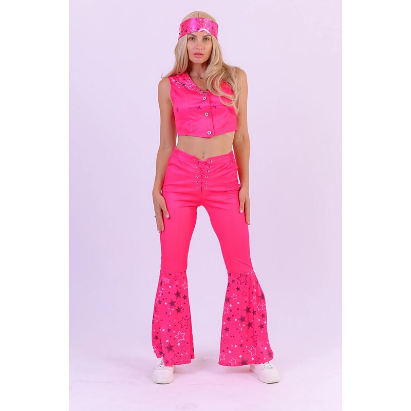 Set with Pink West Cowgirl Vest Bell Bottom Pants Scarf Cowboy Hat 4 PCS Outfits Women's Doll Movie Cosplay Costume Y2K Carnival Party4