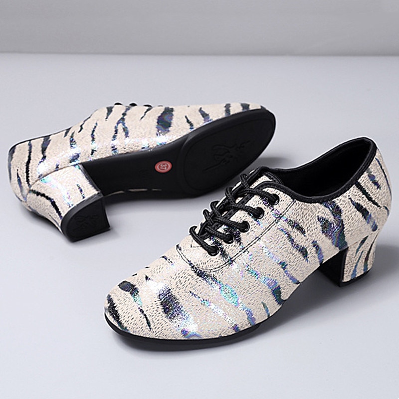 Women's Glitter Dance Shoes with Animal Print, Lace-Up Design, and Comfortable Low Heels for Ballroom, Latin, or Party 8