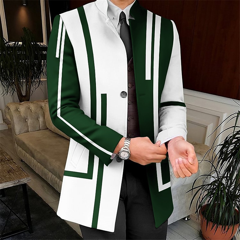 Men's Stripe Geometry Winter Coat Overcoat Coat Warm Comfortable Breathable Business Work Wear to work Going out Pocket Print Fall & Winter Stand Collar Long Sleeve White Yellow Red4