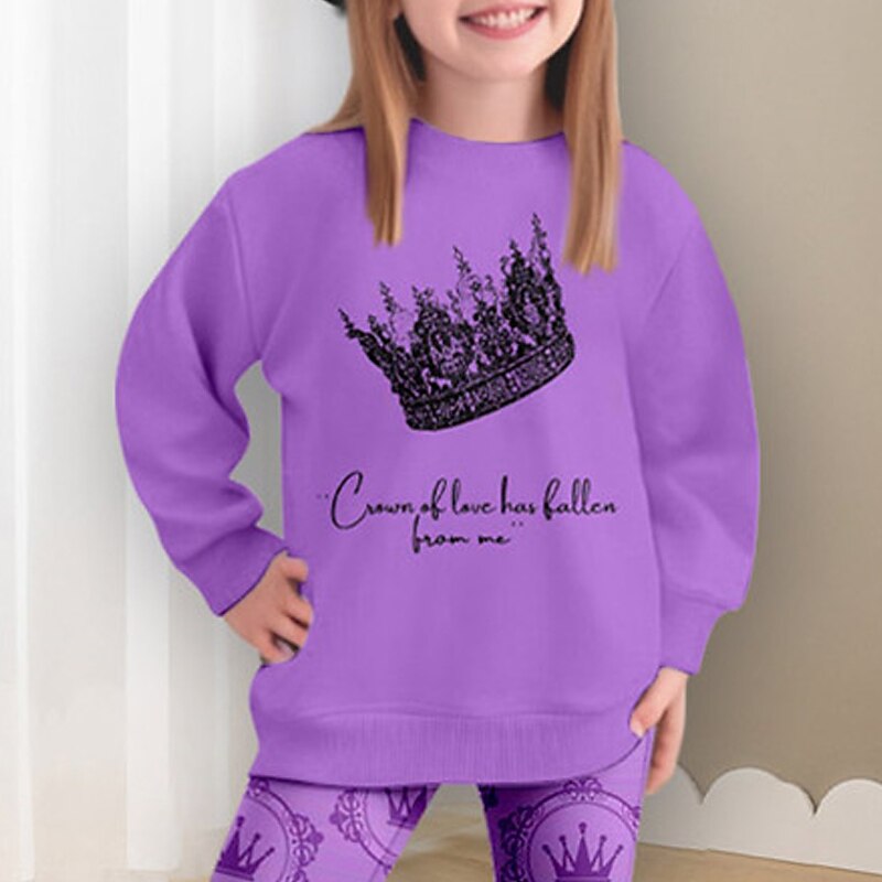 Girls' 3D Crown Sweatshirt & Legging Set Pink Long Sleeve 3D Print Spring Fall Active Fashion Daily Kids 3-12 Years Crew Neck Outdoor Vacation Date Regular Fit4