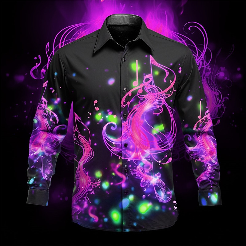 Men's Musical Notes Shirt Button Up Shirt Long Sleeve Artistic Daily Wear Going out Fall & Winter Turndown Print Button-Down Yellow Red Purple2