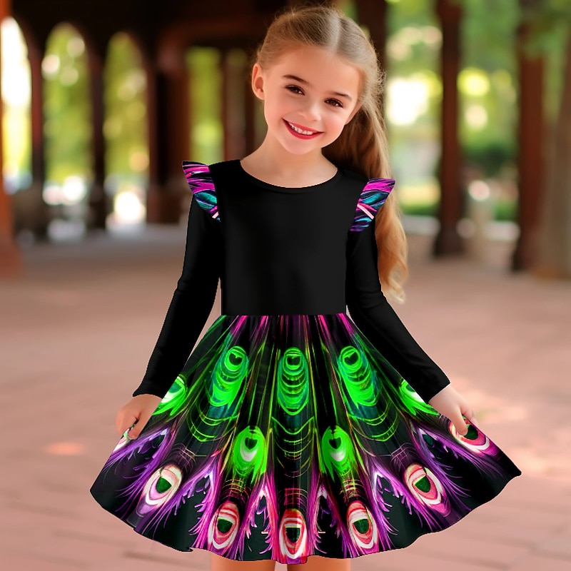 Girls' 3D Feathers Ruffle Dress Long Sleeve 3D Print Fall Winter Sports & Outdoor Daily Holiday Cute Casual Beautiful Kids 3-12 Years Casual Dress A Line Dress Above Knee Polyester Regular Fit4