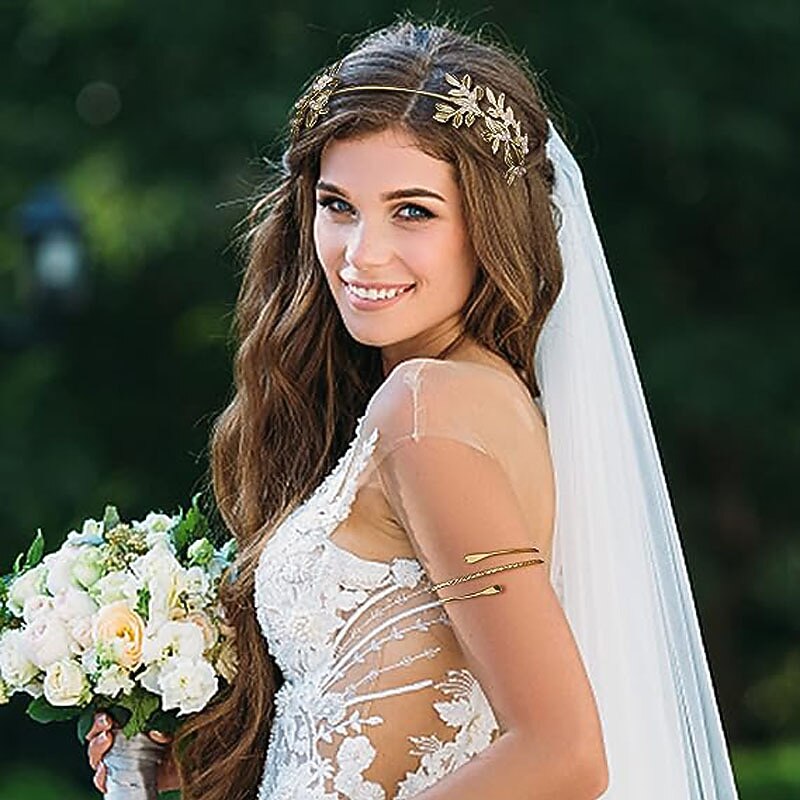 Hot Selling European And American Temperament Bride Pearl Leaf Headband Earring Set Wire Bracelet Leaf Armband For Women Carnival3