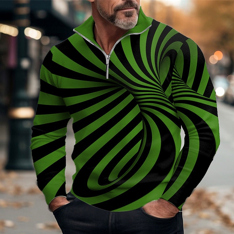 Men's Optical Illusion Zip Polo Long Sleeve Polo Shirts Zip Abstract Outdoor Casual Daily Streetwear 3D Print Spring White Wine Blue4