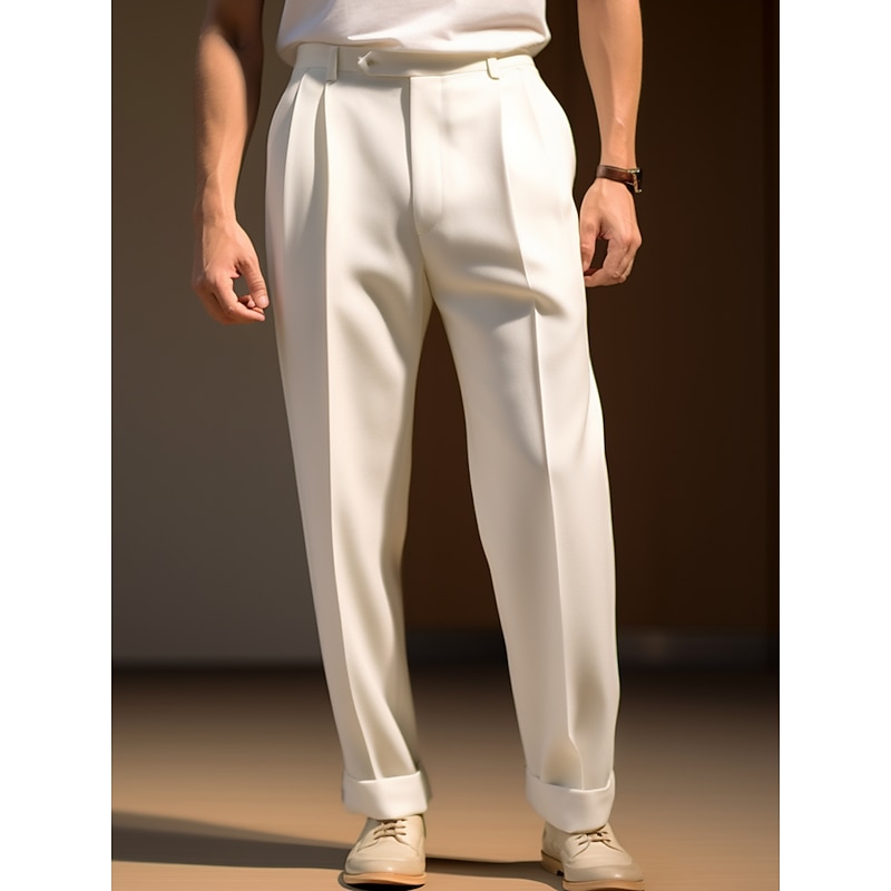Men's Trousers Dress Pants Slacks Pleated Pants Suit Pants Zipper Pocket Buttons Plain Comfort Soft Wedding Outdoor Daily Fashion Casual Black White