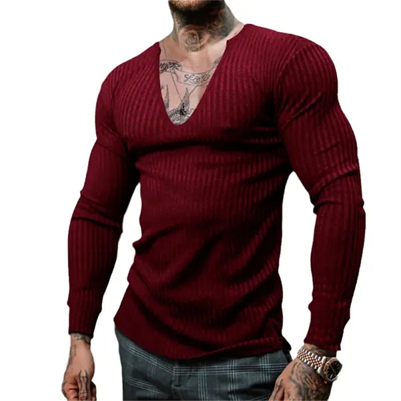 Men's T Shirt Knit Tee Tee Top Long Sleeve Shirt Long Sleeve V Neck Spring &  Fall Plain Pit Strip Fashion Designer Basic Vacation Street Going out Wine Black Blue Top Tee for Men3