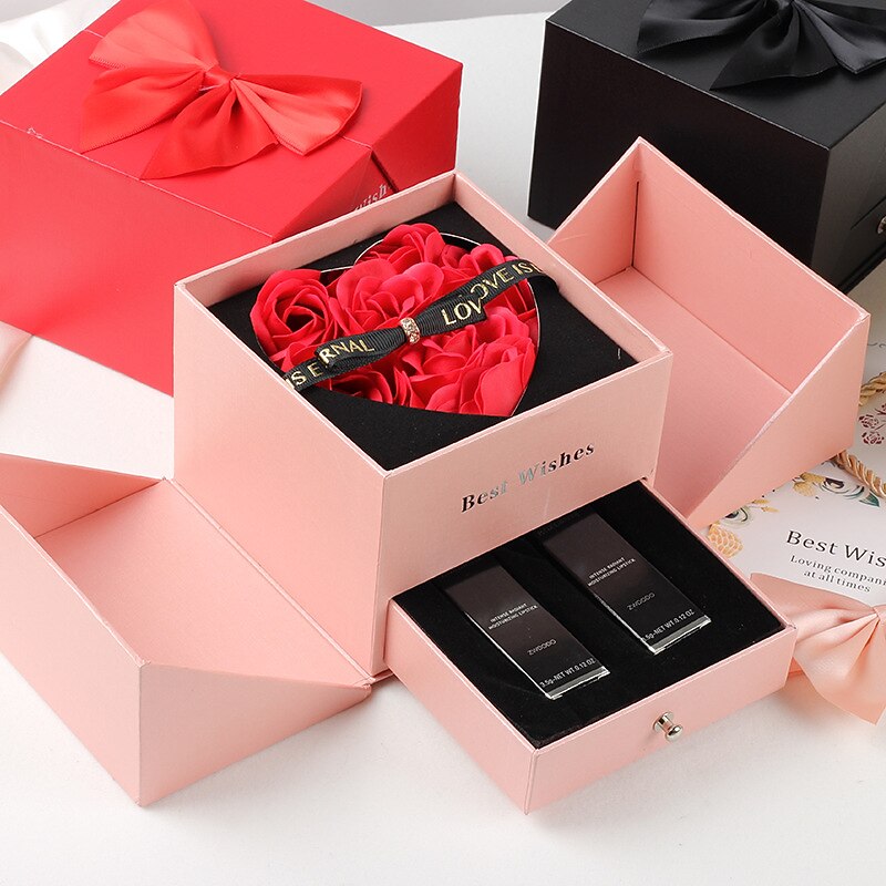Women's Day Gifts Valentine's Day Eternal Flower Jewelry Box Double-layer Rose Gift Box Lipstick Necklace Ring Earring Jewelry Box Valentine's Day Gift Box Mother's Day Gifts for MoM3
