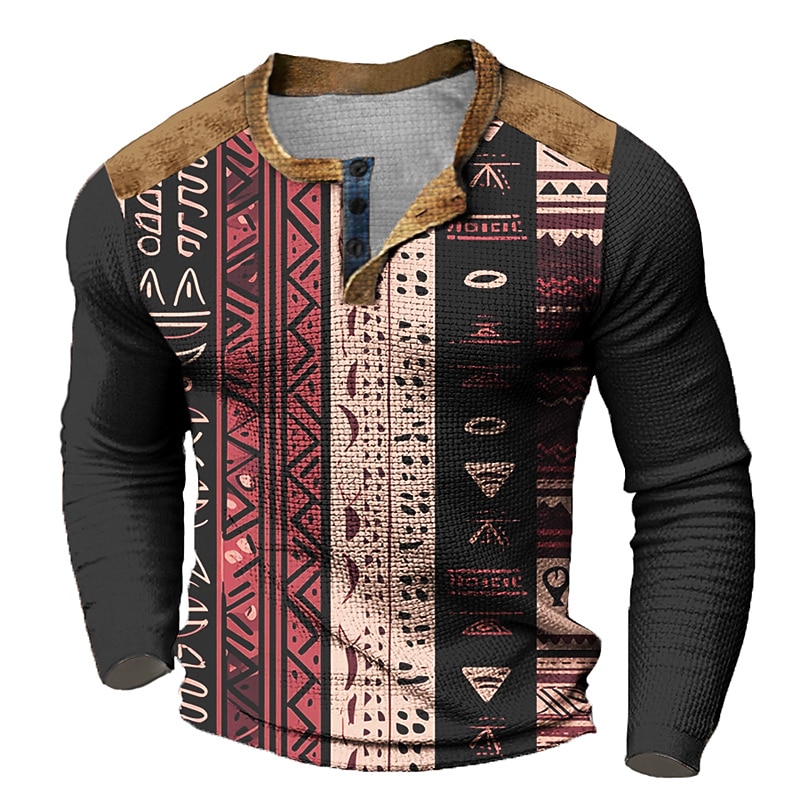 Men's Graphic Tribal Henley Shirt Waffle T Shirt Long Sleeve 3D Print Designer Casual Vintage Retro Sports Outdoor Holiday Festival Spring &  Fall Blue Red Green Khaki Gray Henley Henley T-Shirt3