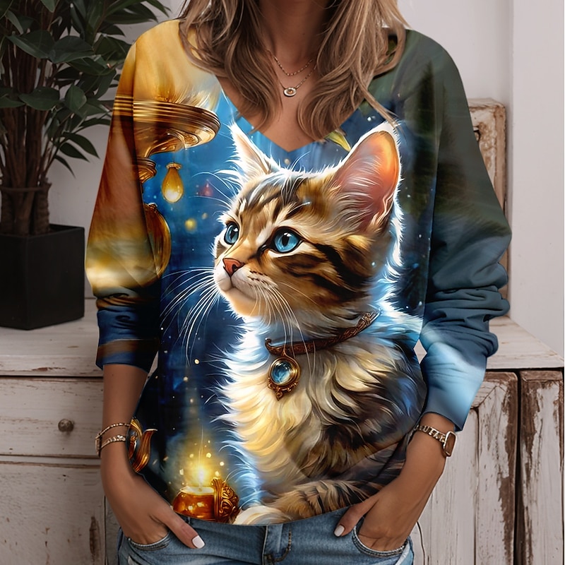 Women's Tunic T Shirt Animal Cat Fashion Funny Long Sleeve V Neck Regular Tops Daily Weekend Print Yellow Blue Purple Green Light Blue Spring &  Fall2