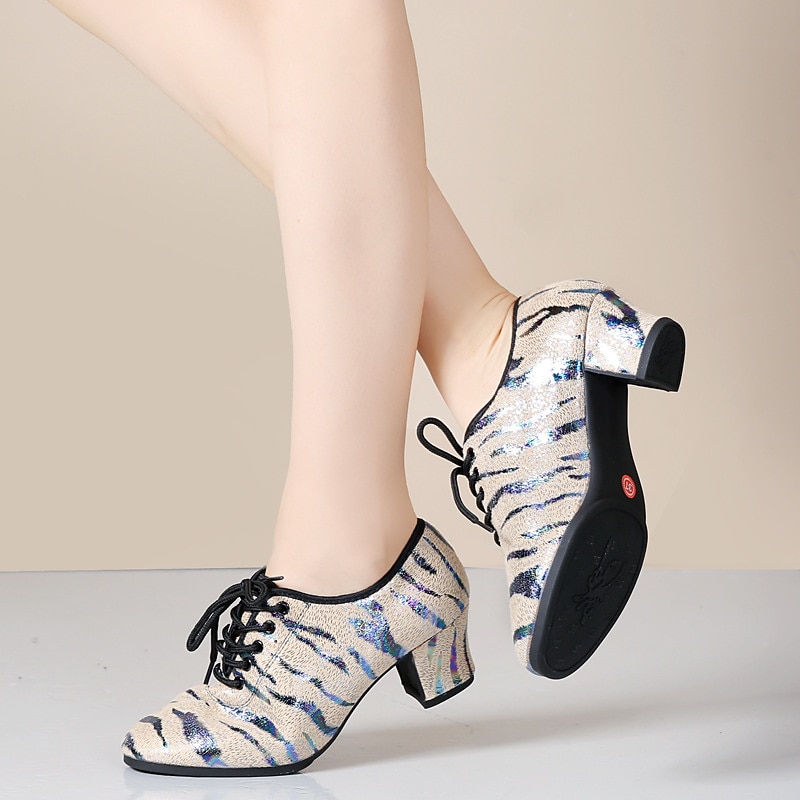Women's Glitter Dance Shoes with Animal Print, Lace-Up Design, and Comfortable Low Heels for Ballroom, Latin, or Party2