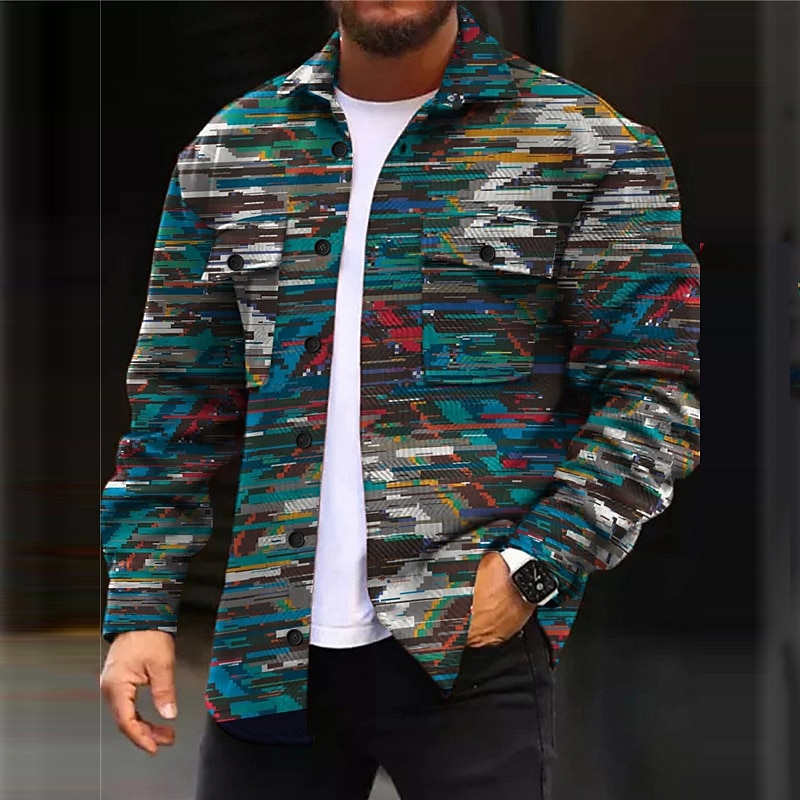 Men's Geometry Graffiti Ethnic Shirt Shirt Jacket Overshirt Long Sleeve Fashion Streetwear Designer Outdoor Casual Daily Fall & Winter Turndown Print Blue Gray2