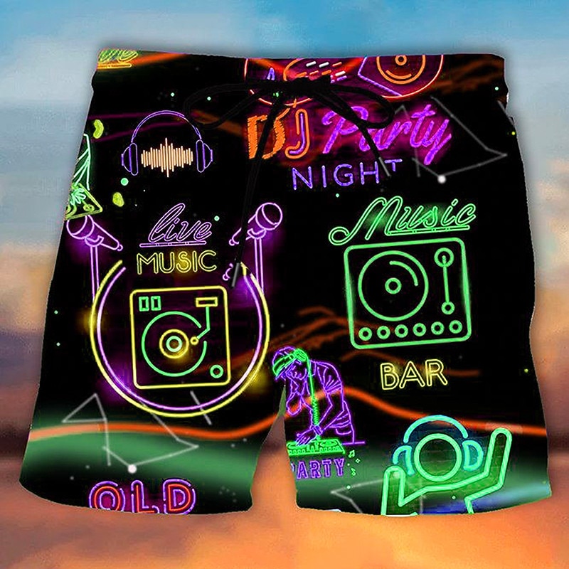 Men's Graffiti Musical Instrument Neon Swimming Trunks Board Shorts Swim Shorts Mid Waist Hawaiian Casual Holiday Beach Drawstring with Mesh lining Elastic Waist Designer Clothing Apparel2