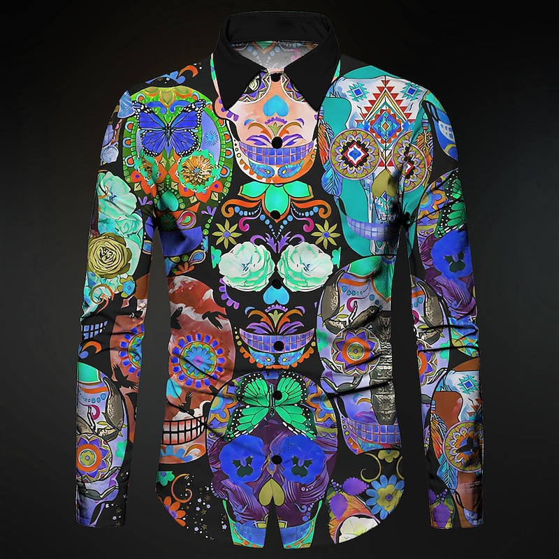 Men's Skull Geometric Pattern Shirt Button Up Shirt Long Sleeve Abstract Gothic Carnival Daily Wear Going out Fall & Winter Turndown Print Button-Down Red Blue Purple Green Light Grey4