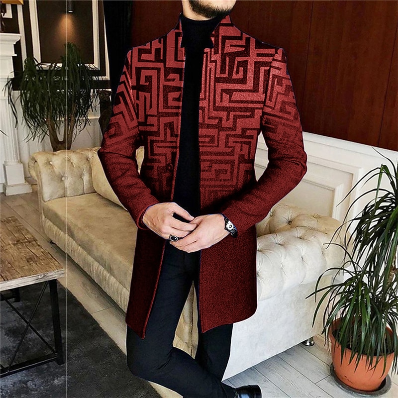 Men's Geometry Winter Coat Overcoat Coat Warm Comfortable Breathable Business Casual Work Wear to work Going out Pocket Print Fall & Winter Stand Collar Long Sleeve Yellow Red Blue3