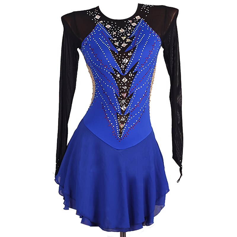 Figure Skating Dress Women's Girls' Ice Skating Dress Royal Blue Patchwork Open Back Mesh Spandex High Elasticity Training Competition Skating Wear Classic Long Sleeve Ice Skating Figure Skating