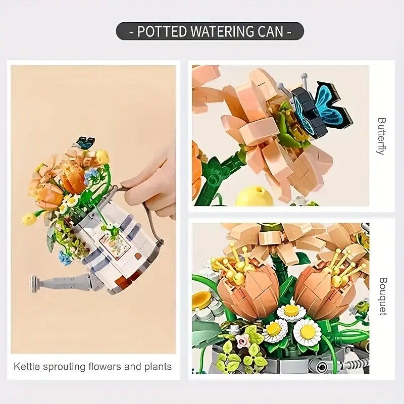 Women's Day Gifts 973pcs Cute Flower Watering Can Building Blocks Toy Potted Plant Set Assembled Building Blocks Shower Watering Can Model Mother's Day Gifts for MoM4