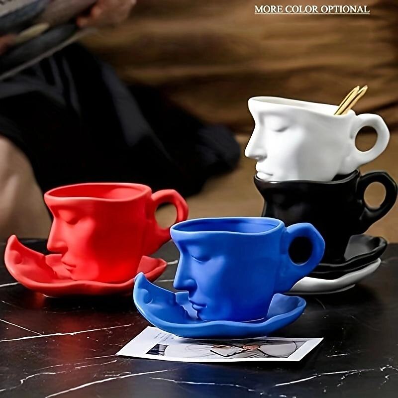 Unique Face Shaped Water Cup With Saucer, Creative Coffee Cup Set, Microwave And Dishwasher Safe4