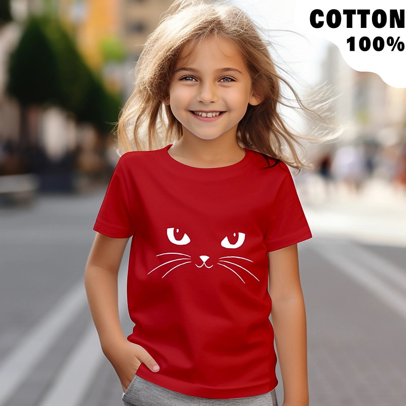 100% Cotton Kids Girls' Black White Red Cat Tee Shirts Crew Neck Short Sleeve Outdoor Casual Daily Active Fashion Cute Crewneck Summer4