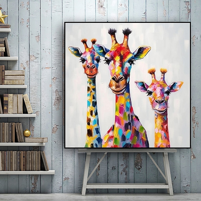 Colorful Giraffe Family Painting On Canvas Handpainted Large Animal Wall Art For Home Decor Animal Artwork Fancy Giraffe Wall Decor Stretched Frame Ready to Hang3